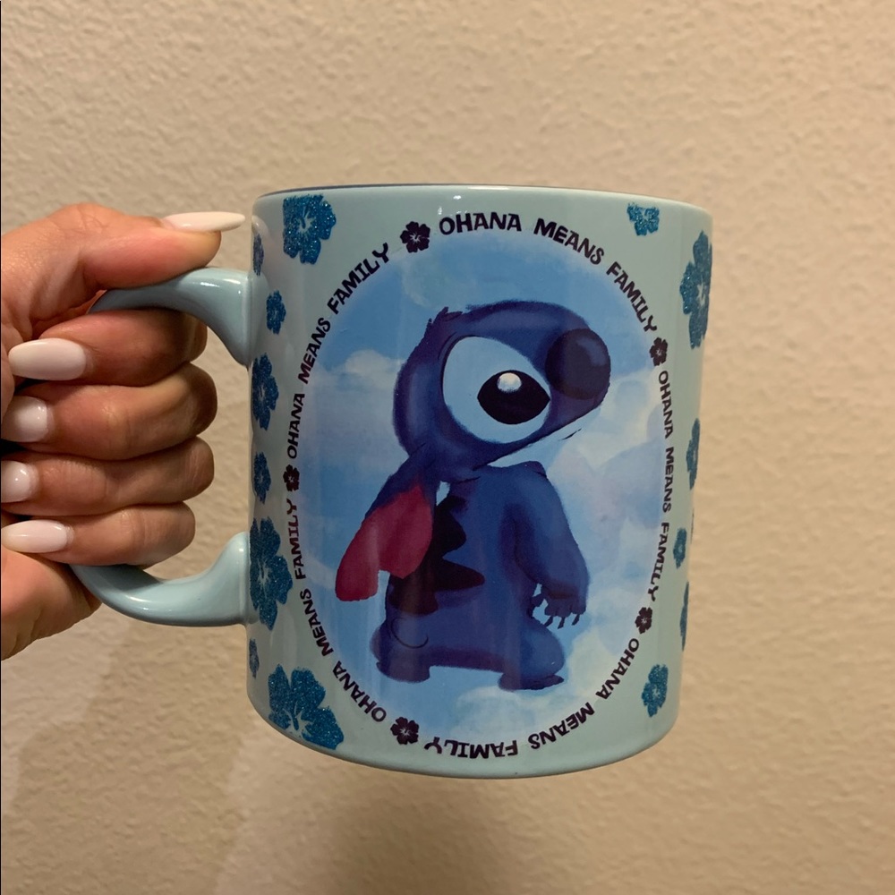 Disney Lilo & Stitch Blue Ceramic 20 oz Mug Ohana Means Family Glitter Flowers